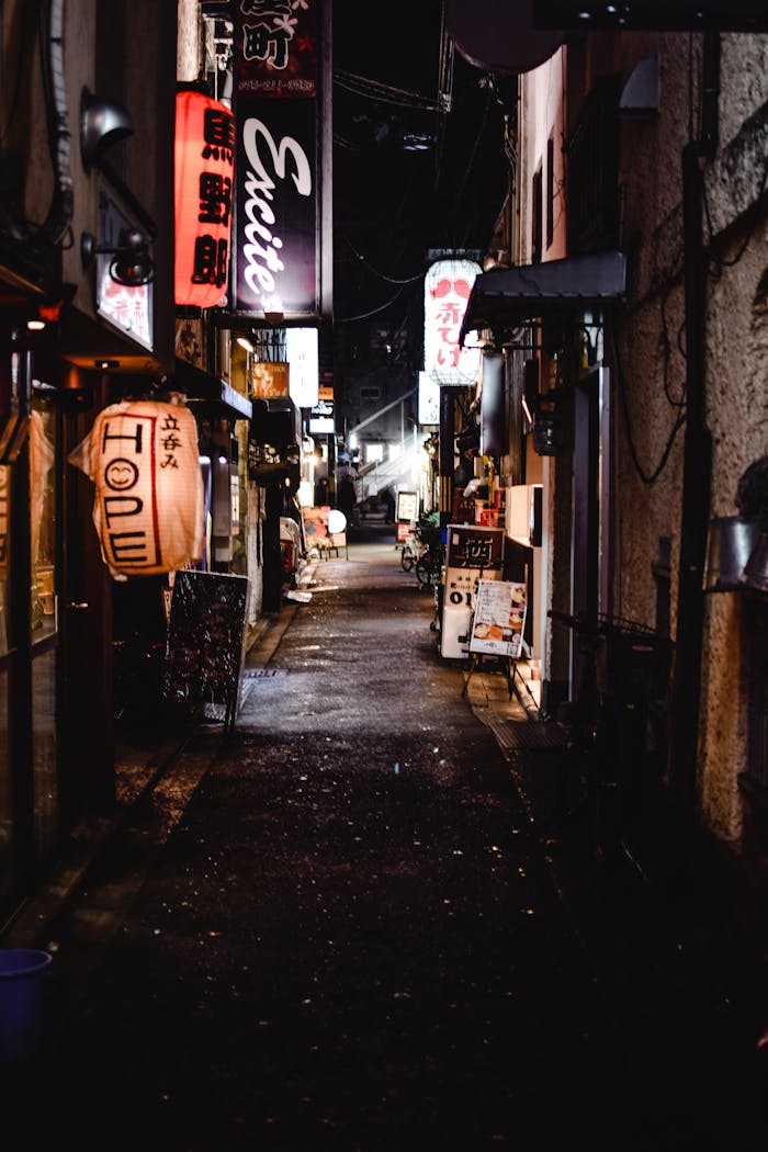 A narrow alleyway in Kyoto, Japan, beautifully lit by lanterns and signages at night, capturing the essence of Japanese nightlife.